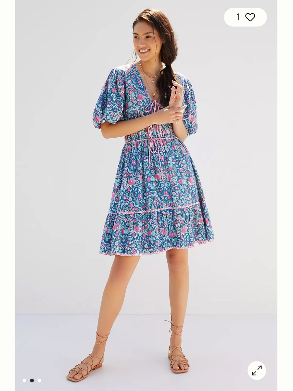 Shoshanna Blue Floral Tie-Front Puff Sleeve Mini Dress